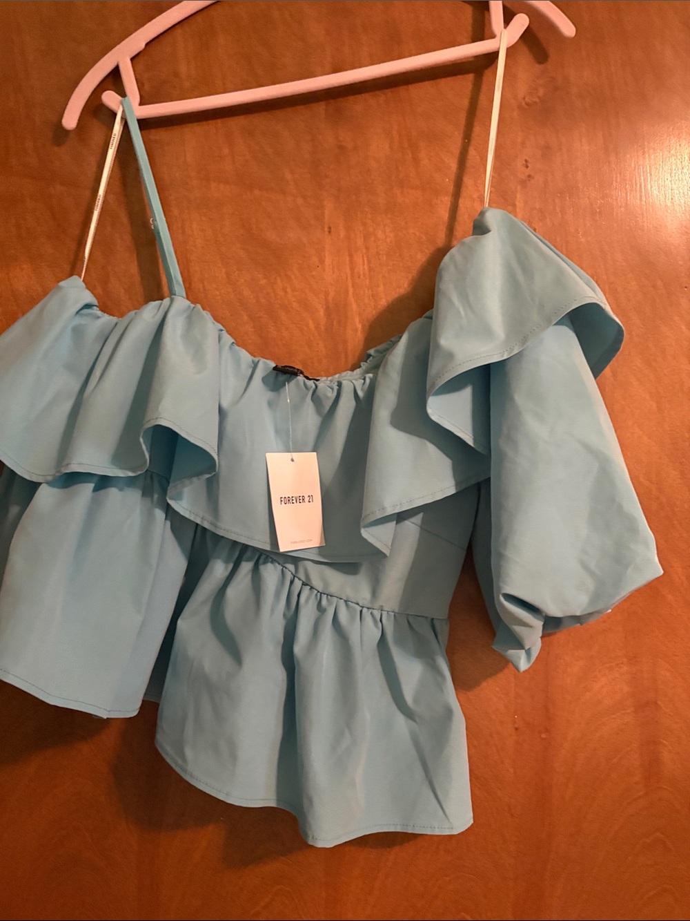 Forever 21 Sky Blue Off-Shoulder Ruffle Peplum Top
